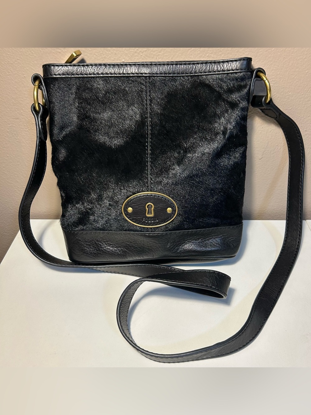 Fossil Black Cowhide Leather Calf Hair Medium Crossbody Bag Western